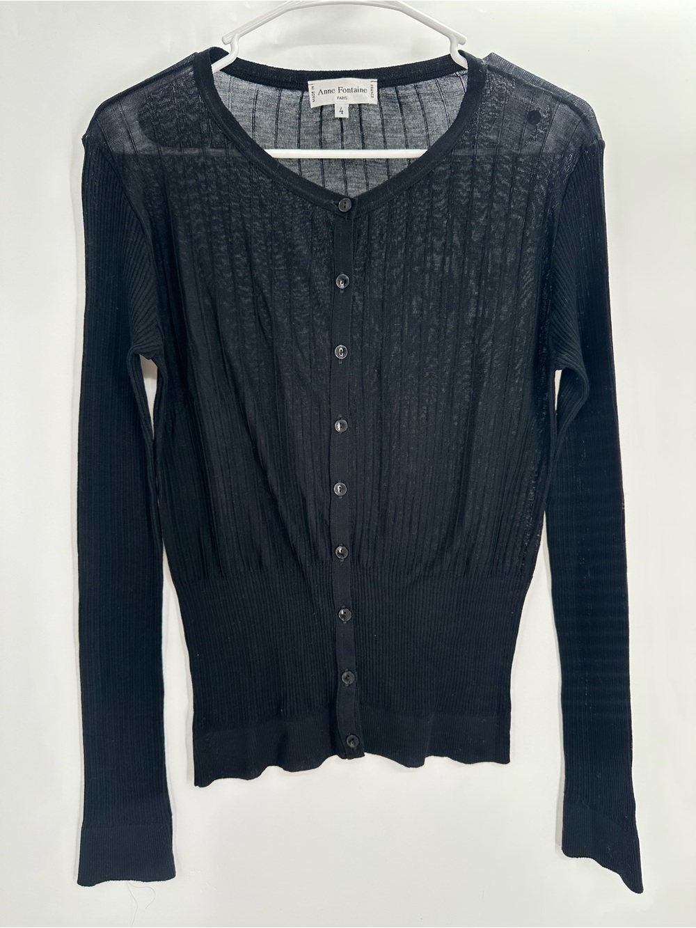 Anne Fontaine Paris Black Siobane Sheer Ribbed Cotton Cardigan Size 4